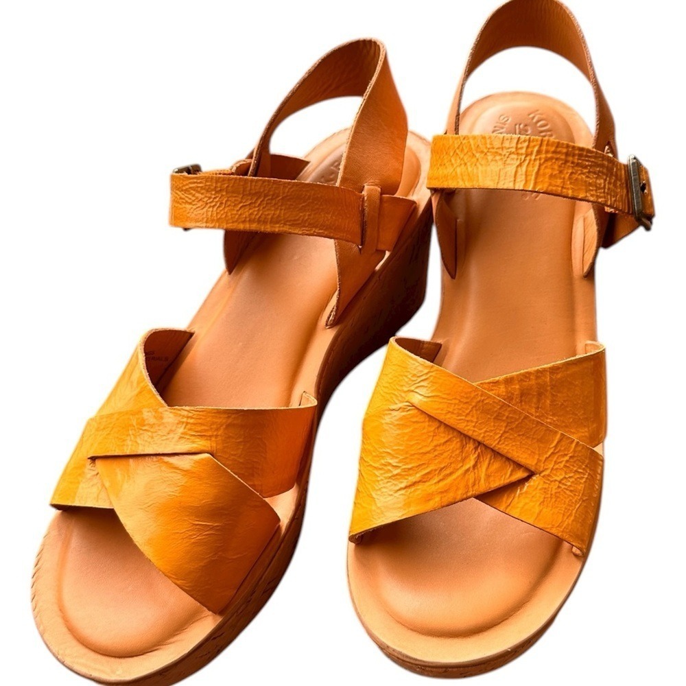 Kork-Ease‎ Wedge Sandals Women 11 Yellow Leather Cork Platform Excellent Boho